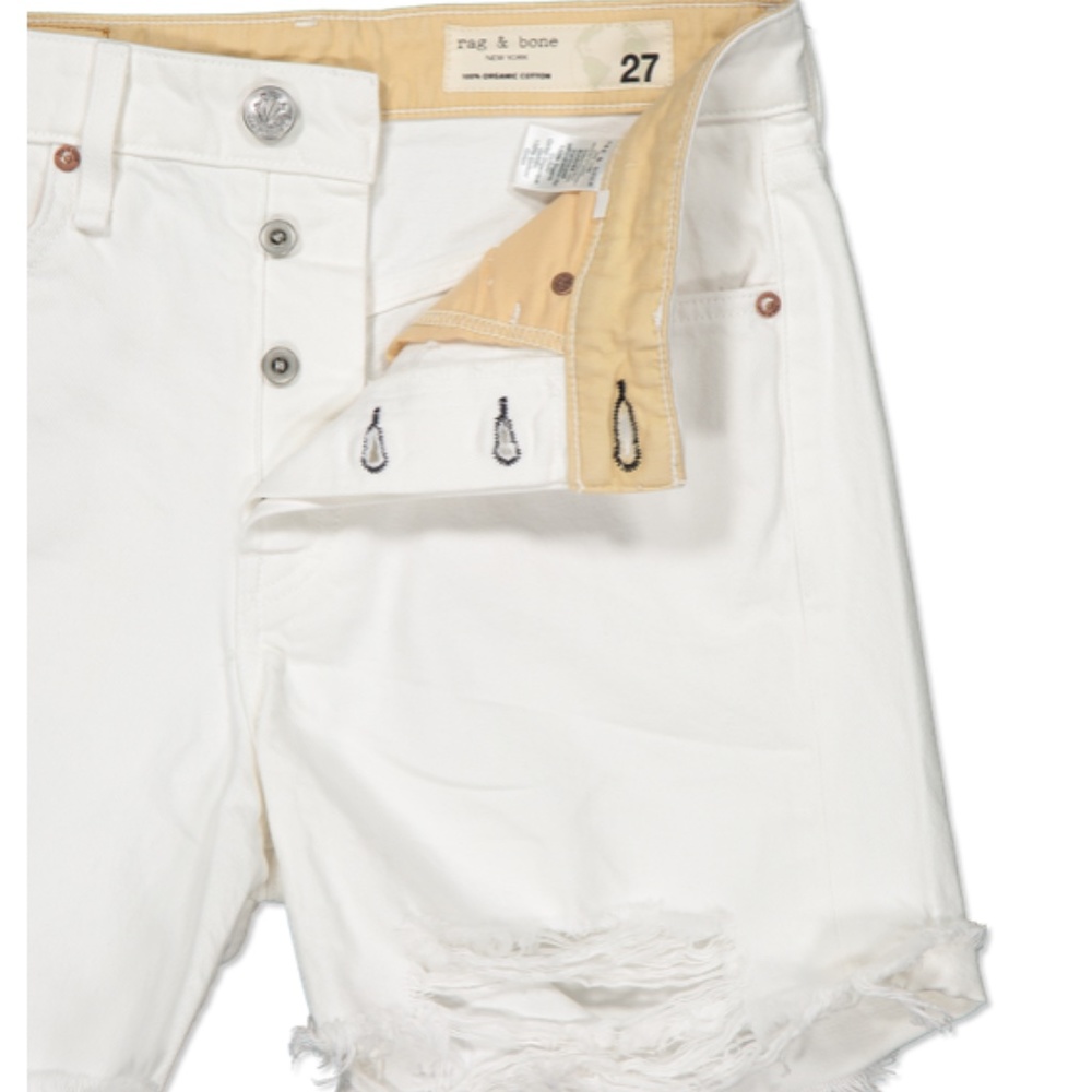 rag & bone Maya High Rise Midi Shorts Sz 27 Summer White Frayed Denim Raw Hem